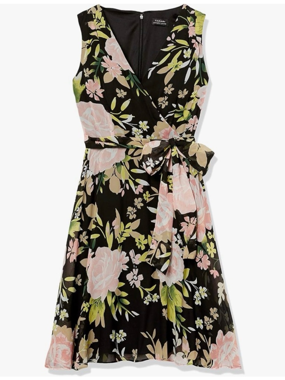 Tahari Womens Standard Sleeveless Fit and Crepe Chiffon Dress with Tie at Waist